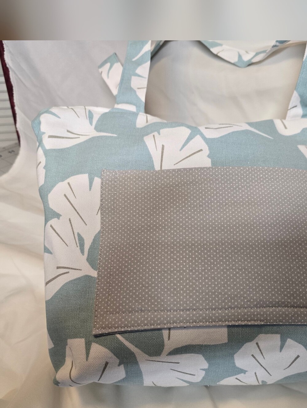 Floral Canvas Tote in Sage Green and White with Gray Pocket